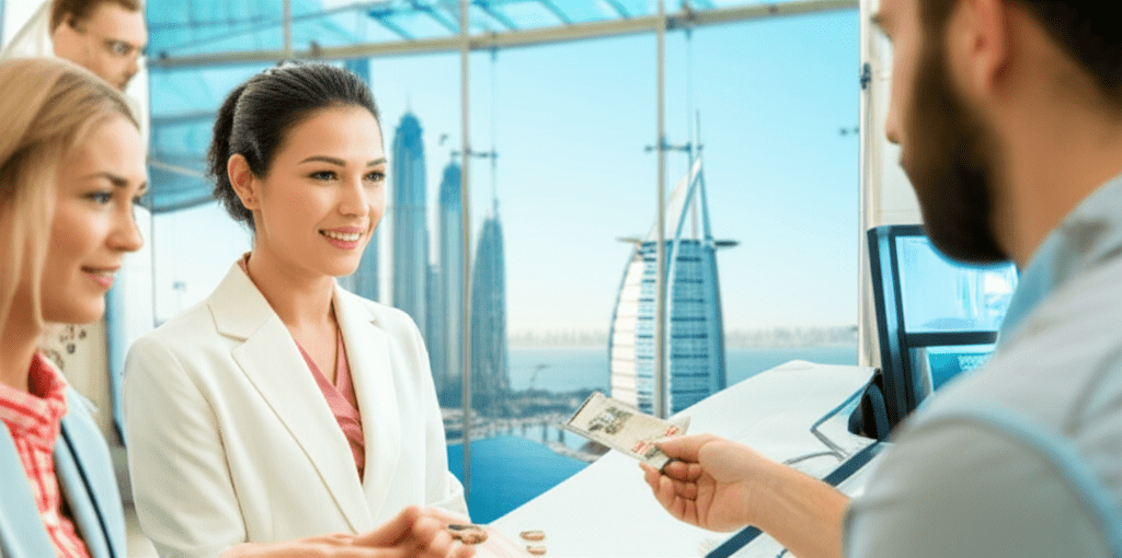 Generate a high-quality, relevant image prompt for an article about: What Currency Does Dubai Use: Y