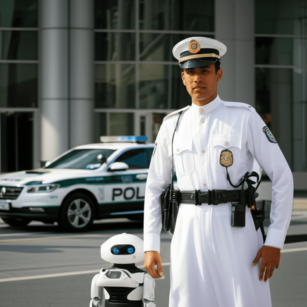 Generate a high-quality, relevant image prompt for an article about: Are There Robot Police In Dubai
