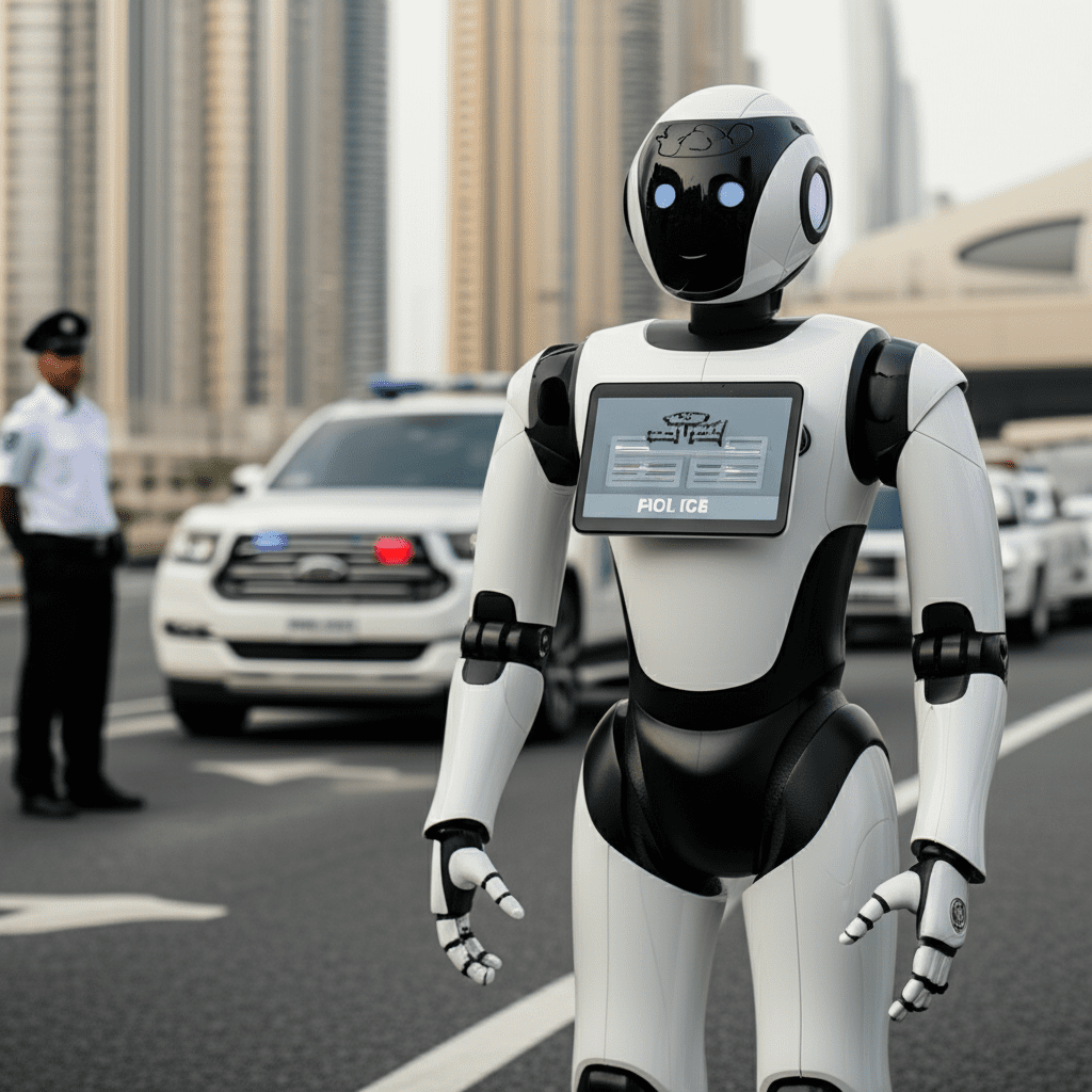 Generate a high-quality, relevant image prompt for an article about: Are There Robot Police In Dubai