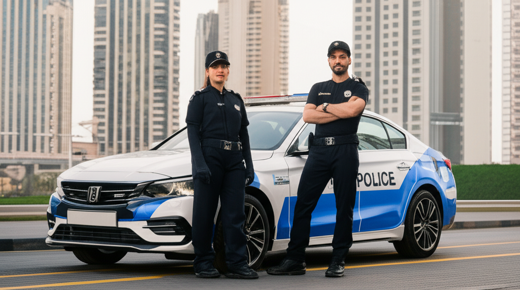 Generate a high-quality, relevant image prompt for an article about: Does Dubai Have Police? Yes, He