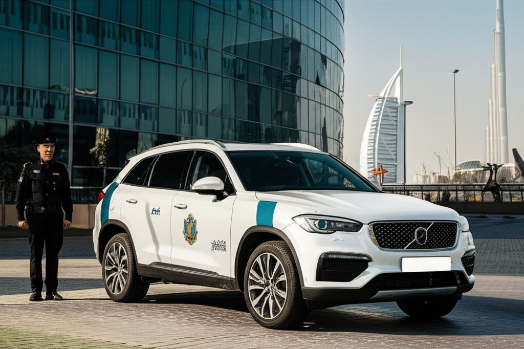 Generate a high-quality, relevant image prompt for an article about: What Cars Do Dubai Police Drive