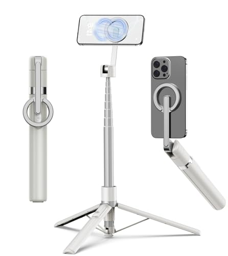 TONEOF 68″ Magnetic Selfie Stick Tripod with Aluminum Strong Magnetic Holder for Magsafe, 360° Rotatable Travel Phone Tripod Stand with Metal Ring & Rechargeable Remote for iPhone/Android(Beige Gray)