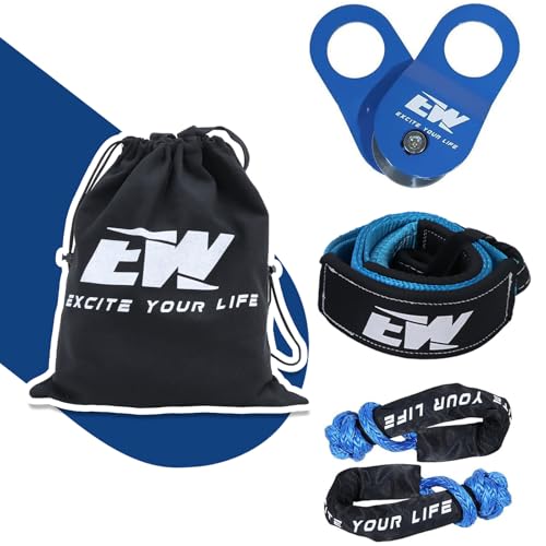 ELITEWILL Offroad Recovery Gear Kit 4×4 Include 3″ x8′ Tree Saver, 1/2′ x 22′ Synthetic Soft Shackle with Extra Sleeves (56,000lbs Breaking Strength) and 10 Ton Snatch Block Pulley