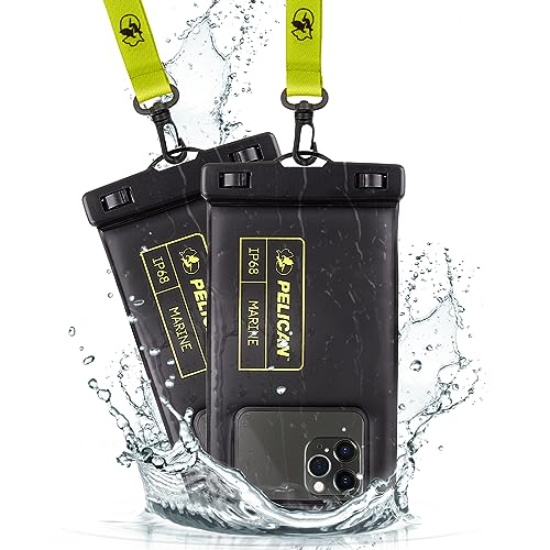 Pelican 2 Pack Marine – IP68 Waterproof Phone Pouch (Regular Size) Floating Waterproof Phone Case – Beach Cruise Ship Travel Essentials – Works w/All Phones – Detachable Lanyard – Black/Hi-Vis Yellow