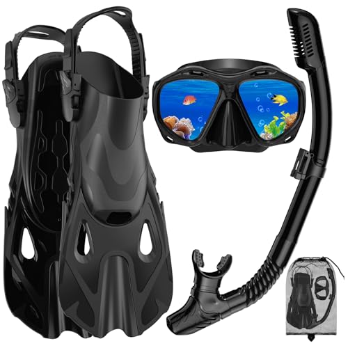 Snorkeling Gear for Adults, Mask Fin Snorkel Set, Dry Top Snorkel Mask, Panoramic View Anti-Leak Anti-Fog 3 in 1 Snorkeling Kit Travel Diving Package with Storage Bag