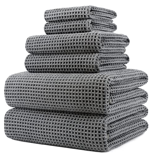POLYTE 430 GSM Microfiber Quick Dry Lint Free Oversize Bath Towel Set, 6 Piece (Waffle Weave)