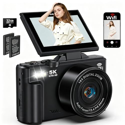 5K Digital Camera for Photography, 75MP WiFi Vlogging Camera for YouTube with 3″ 180° Flip Screen, 18X Zoom UHD Autofocus Video Camara with 32GB SD Card, 2 Batteries
